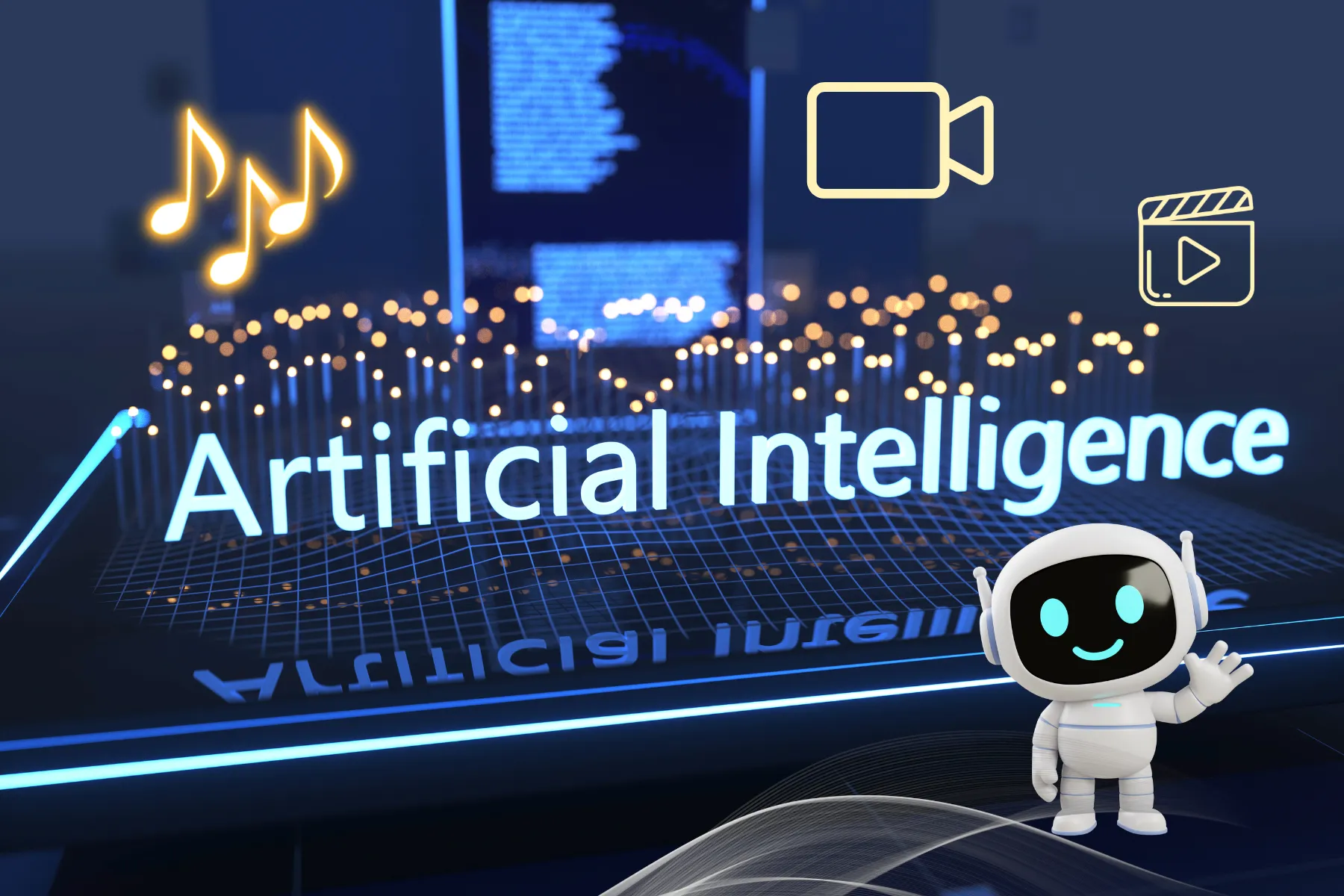 3D illustration of a smiling AI robot waving in front of glowing text 'Artificial Intelligence' with music, video, and media icons.