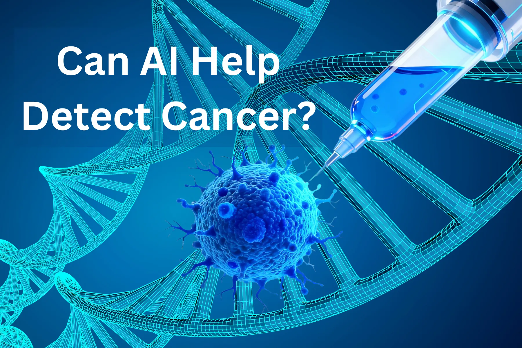 A medical illustration of a cancer cell and DNA, with a syringe representing how AI can help detect cancer.