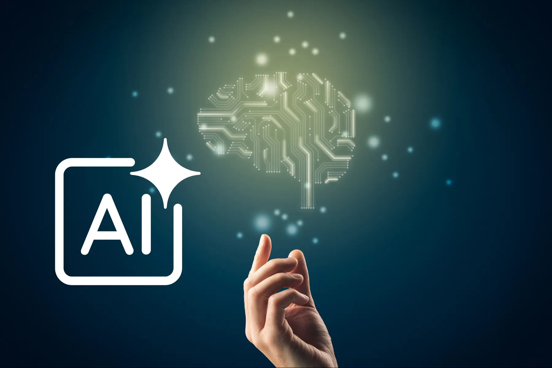 AI text next to a hand reaching for a glowing digital brain, illustrating the concept of human-AI interaction.