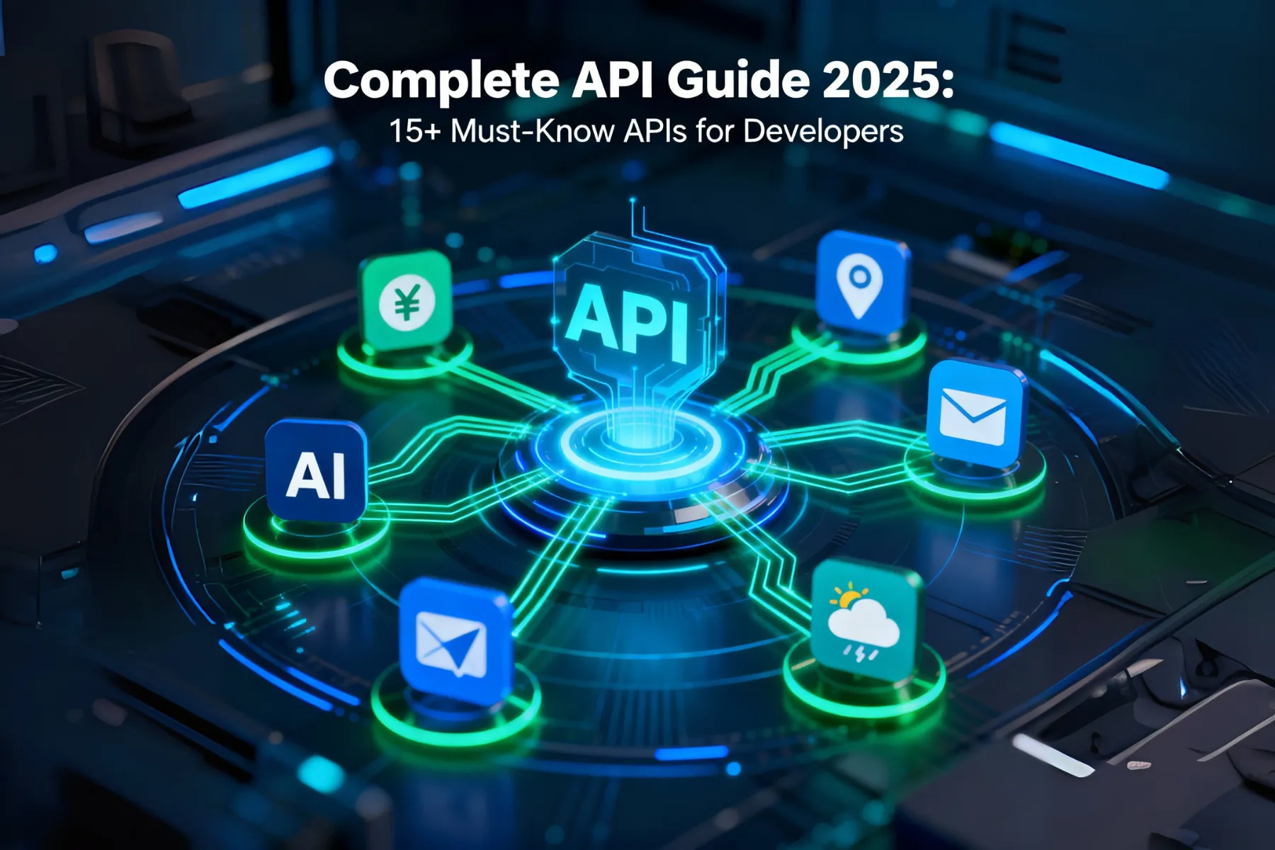 A digital hub with a central glowing 'API' label connecting to services like AI, payments, location, and communication.