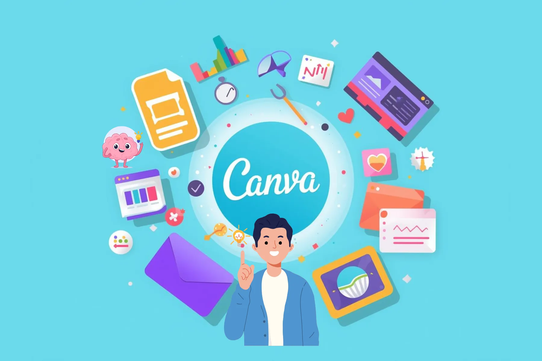 Illustration of Canva with central logo, smiling man, and colorful icons for design, marketing, and social media content.