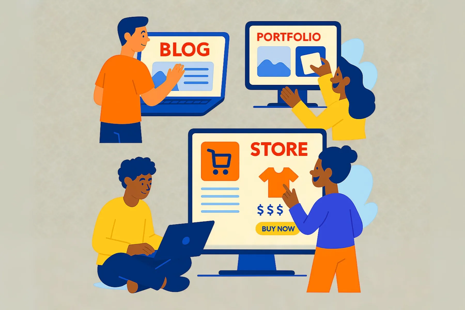 Illustration of diverse people interacting with different website types—blog, portfolio, and online store—on laptops and desktops, representing the main categories beginners can create.