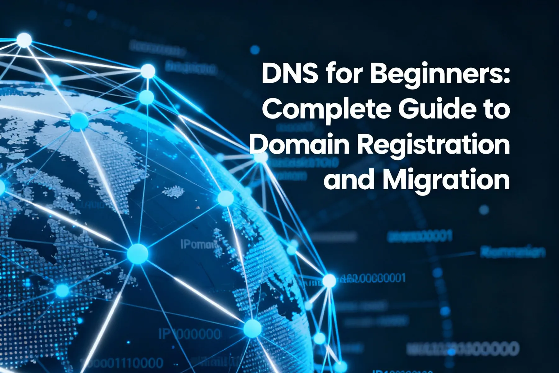 An image with a digital globe of network nodes, text overlay: DNS for Beginners – Guide to Domain Registration and Migration.