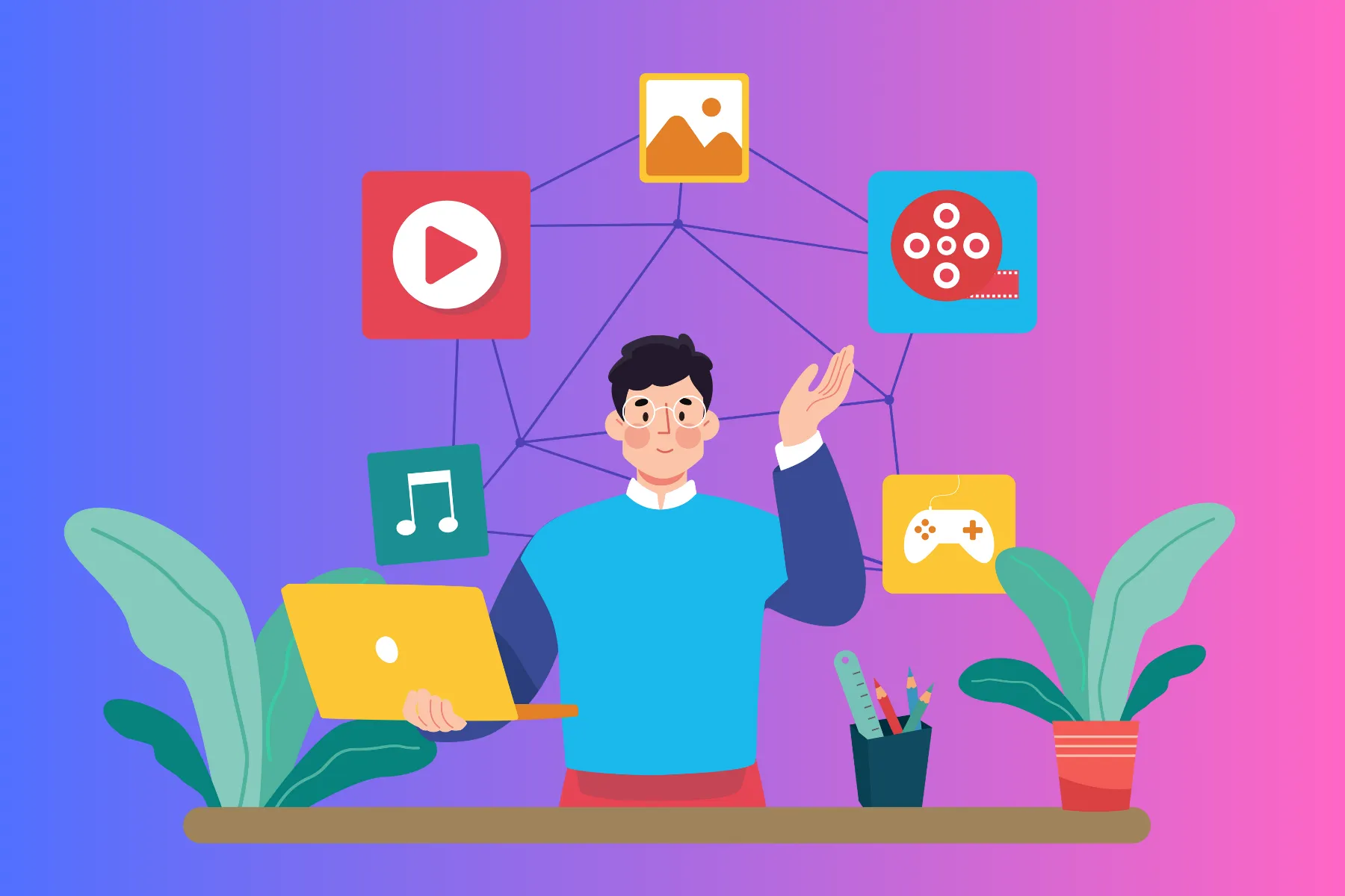 A person integrating different applications like games, music, video etc. with the main application on a laptop