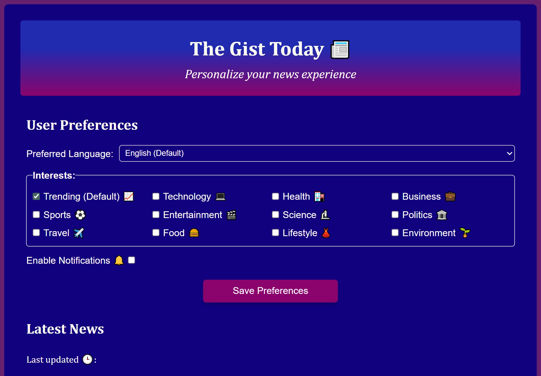 The screenshot of the app's GUI constructed so far.
