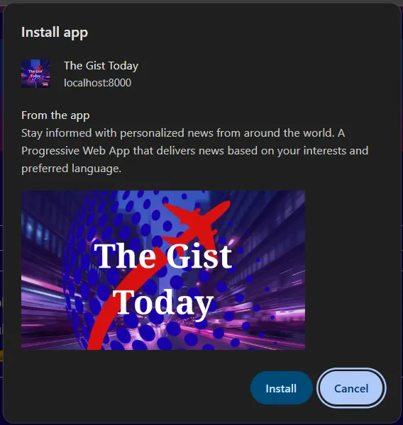 An installation wizard displaying the app's description and a screenshot below with install and cancel buttons.