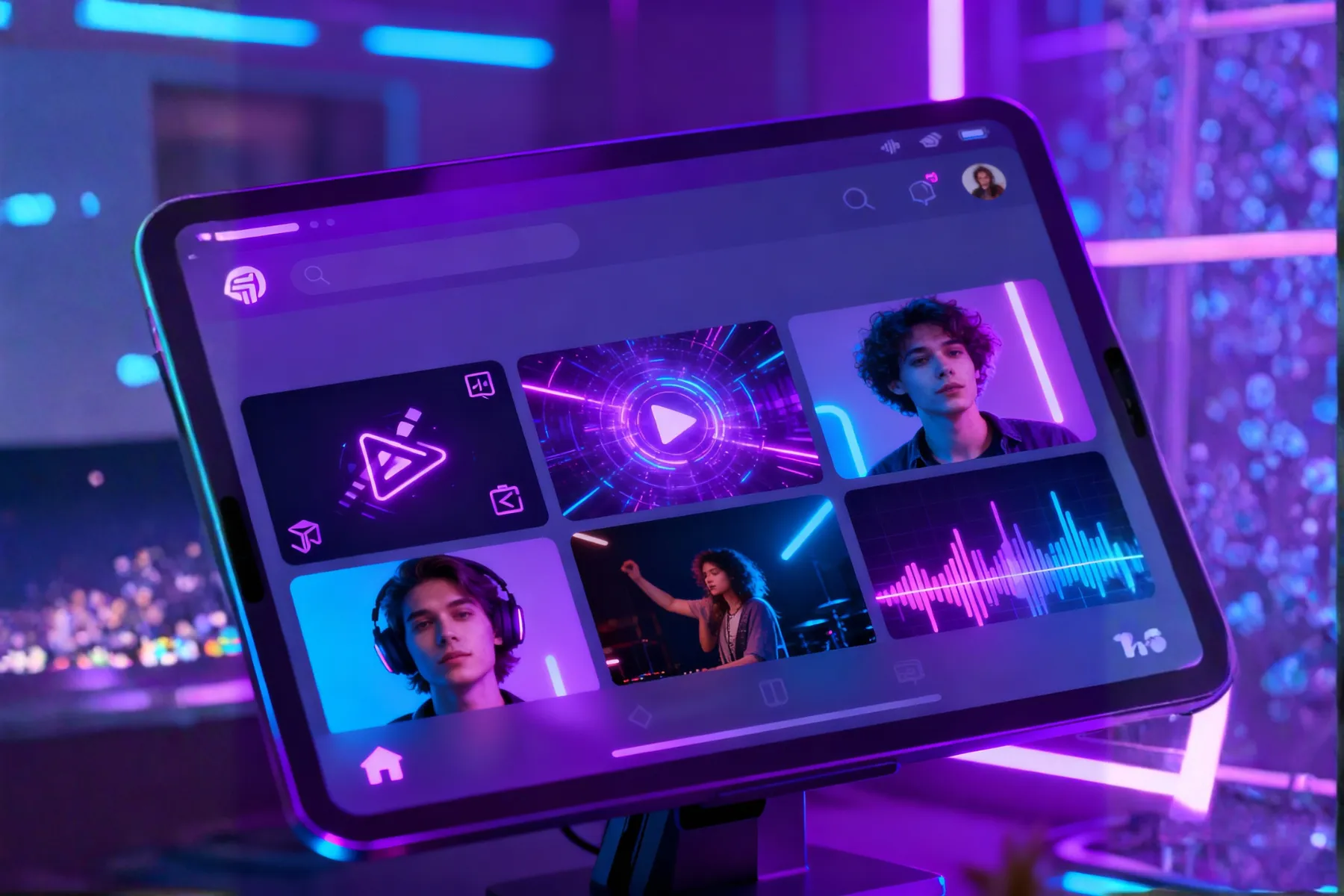 A modern tablet in a neon-lit setting, showcasing the 'Vibes' AI video discovery platform for creators.