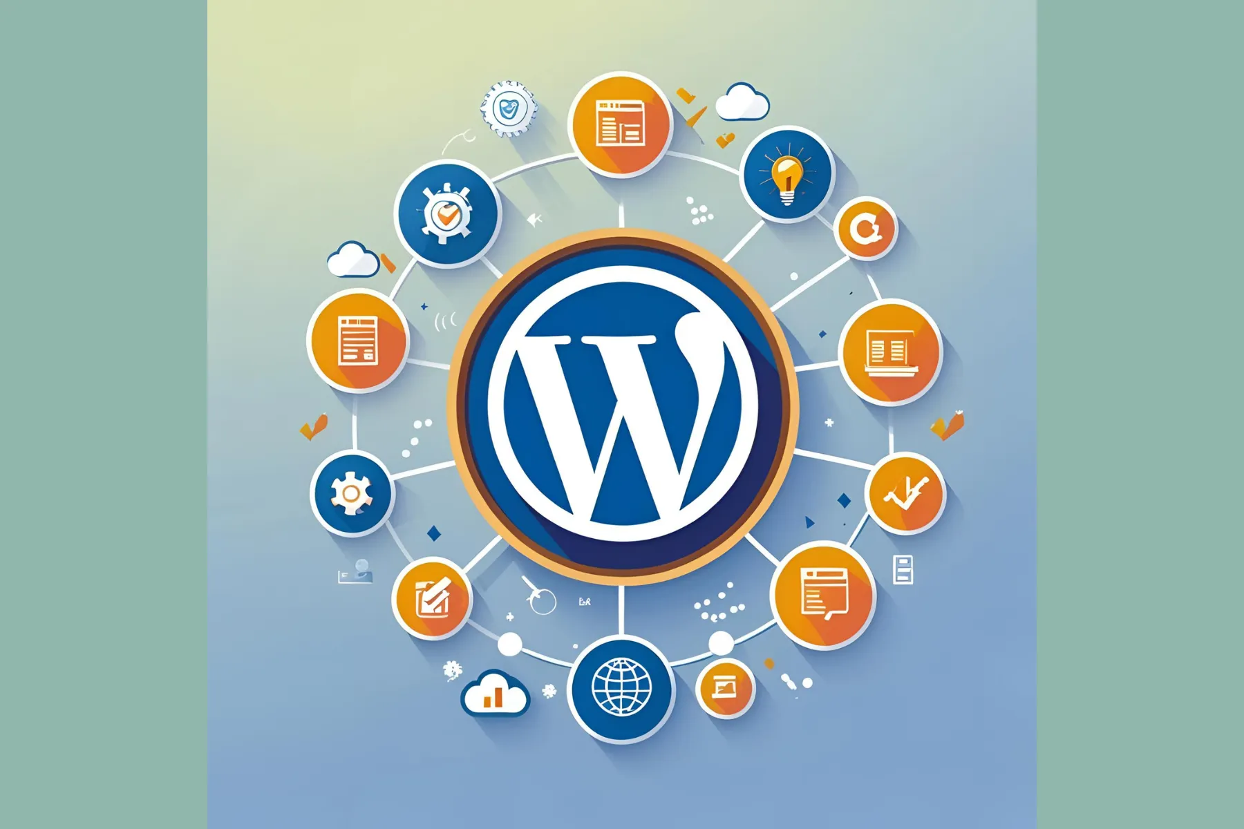 Illustration of the WordPress ecosystem showing interconnected elements like themes, plugins, hosting, SEO, security, and customization tools around the central WordPress logo